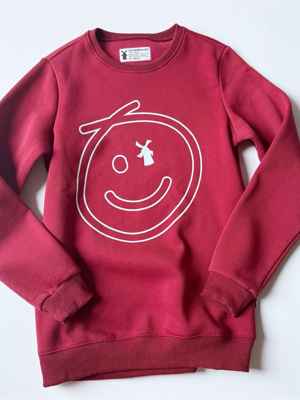 Dutch Bros Crewneck Sweatshirt Dutch Luv Smiley Maroon/Light Blue XS